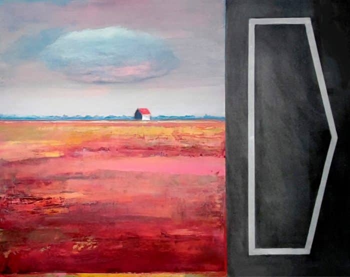 Cabane sur lande rose et plan